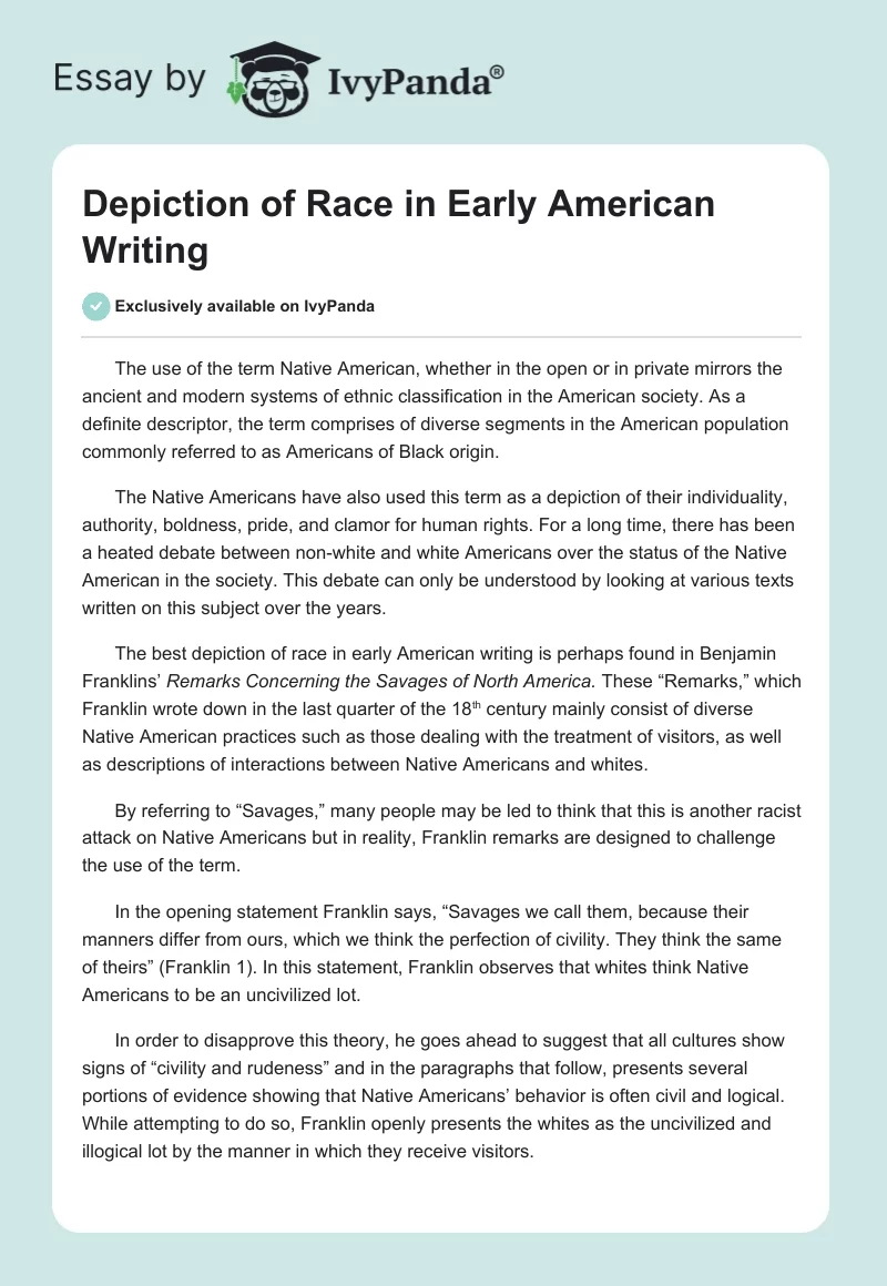 Depiction of Race in Early American Writing. Page 1