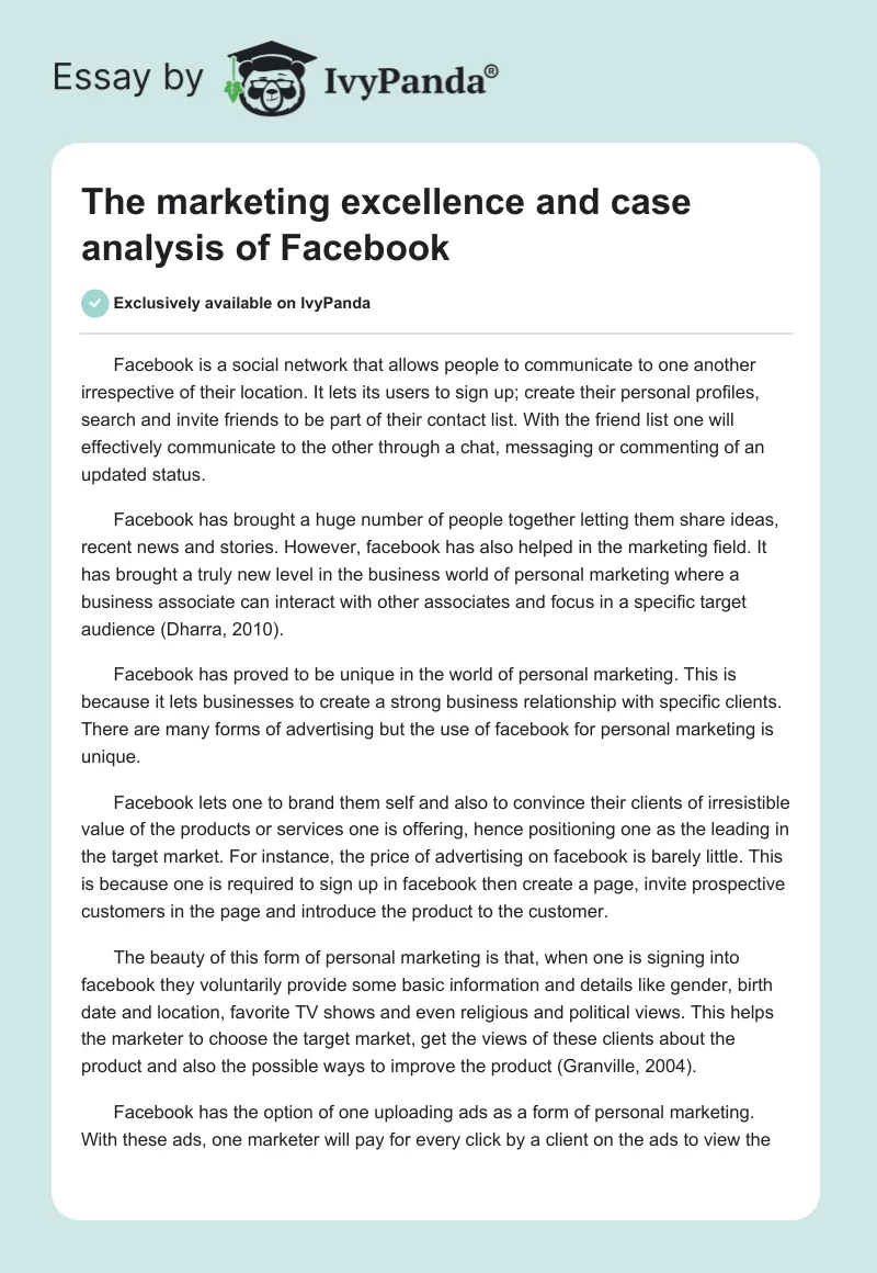 The marketing excellence and case analysis of Facebook. Page 1