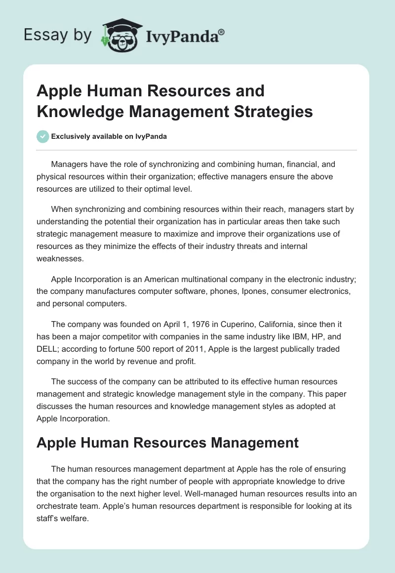 Apple Human Resources and Knowledge Management Strategies. Page 1