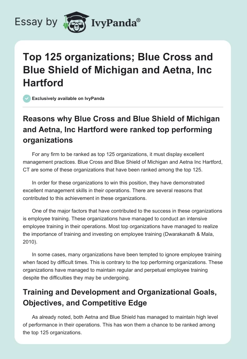 Top 125 organizations; Blue Cross and Blue Shield of Michigan and Aetna, Inc Hartford. Page 1