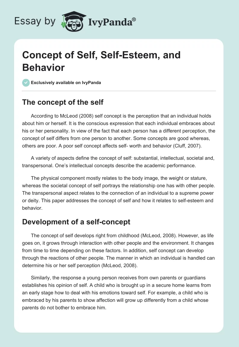 Concept of Self, Self-Esteem, and Behavior. Page 1