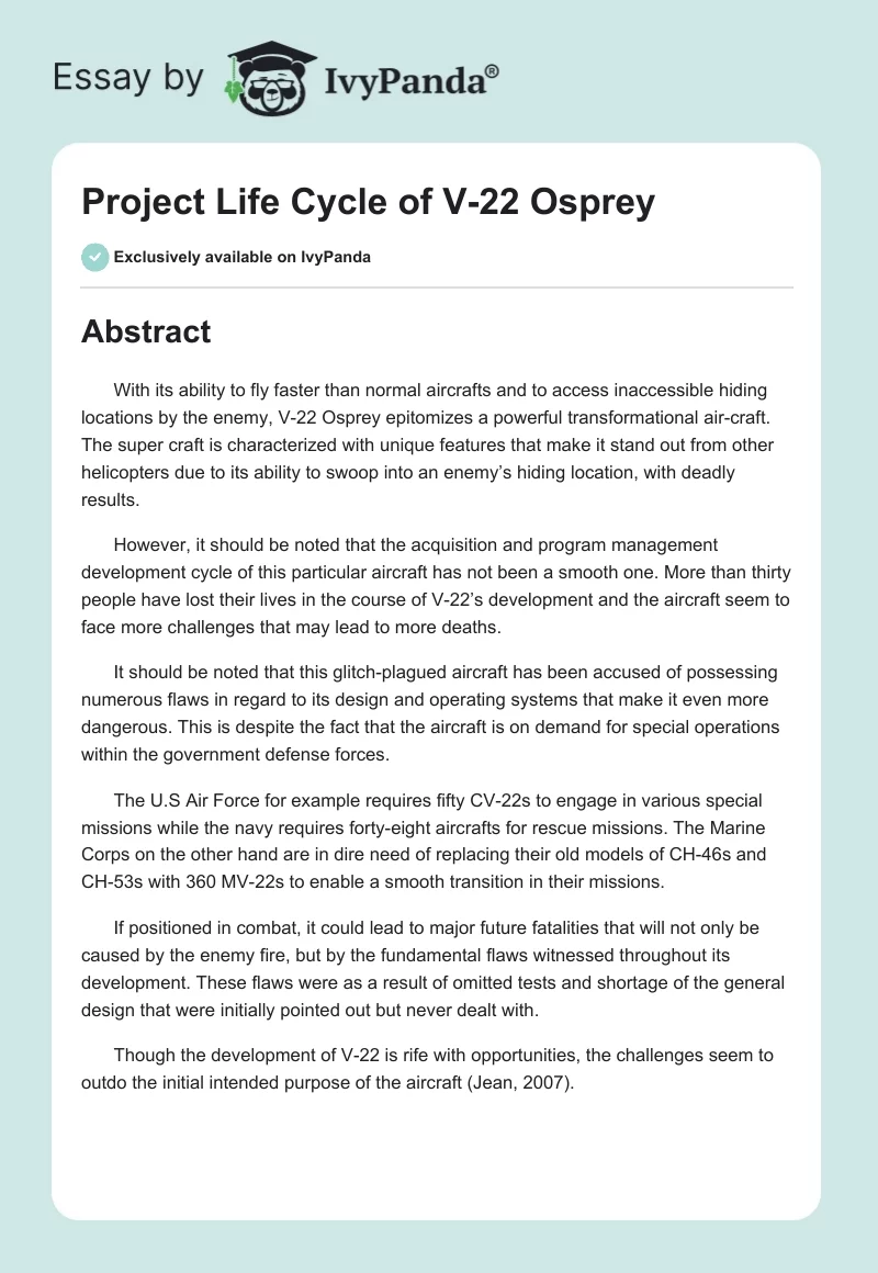 Project Life Cycle of V-22 Osprey. Page 1