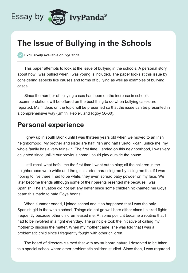 The Issue of Bullying in the Schools. Page 1