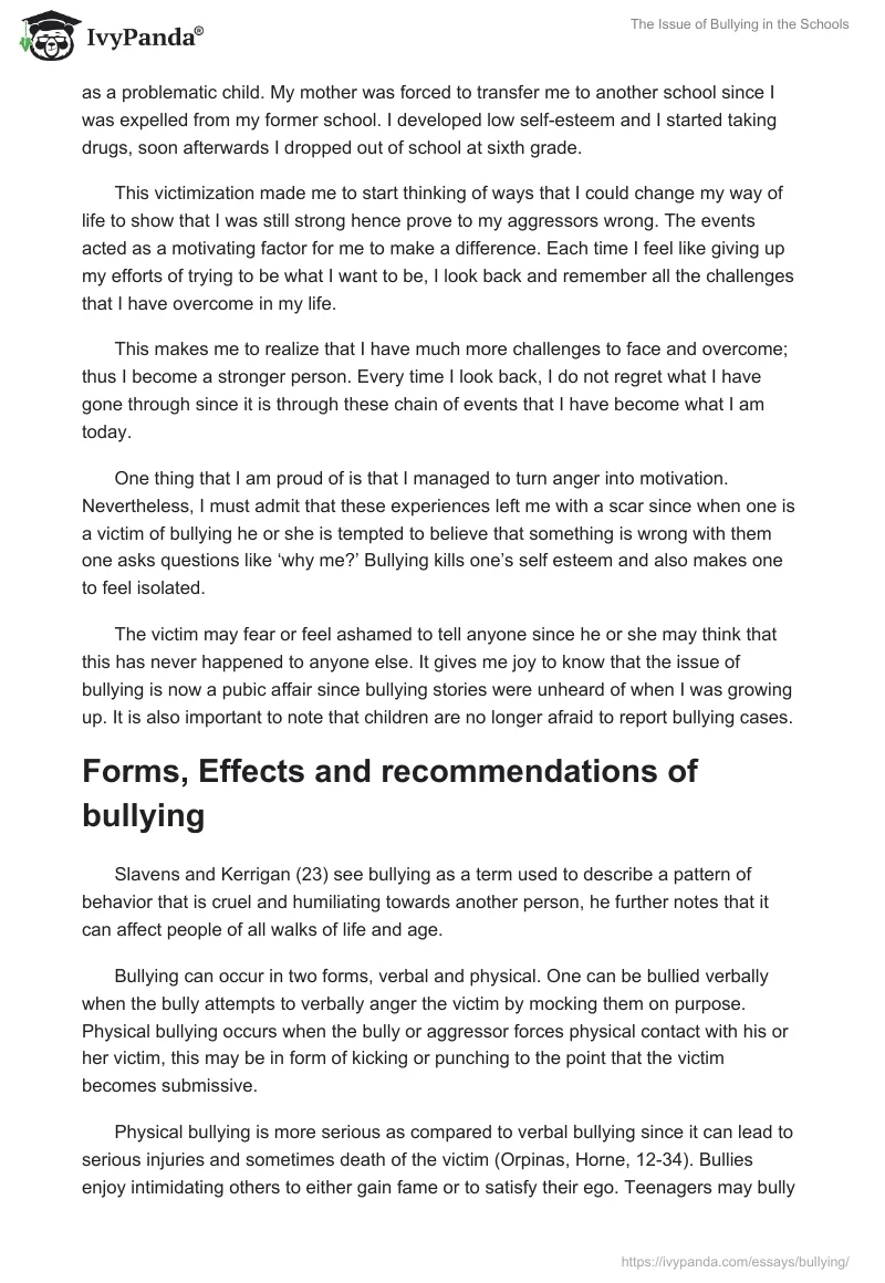 The Issue of Bullying in the Schools. Page 2