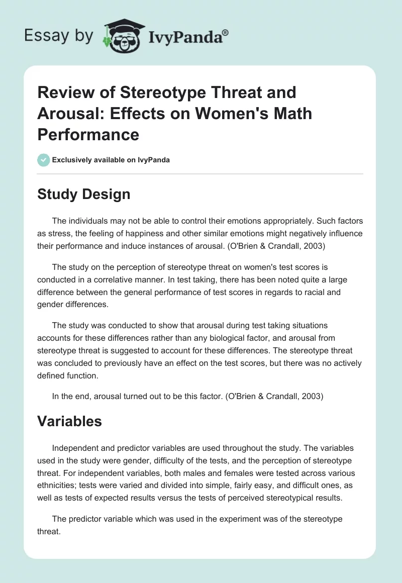 Review of Stereotype Threat and Arousal: Effects on Women's Math Performance. Page 1