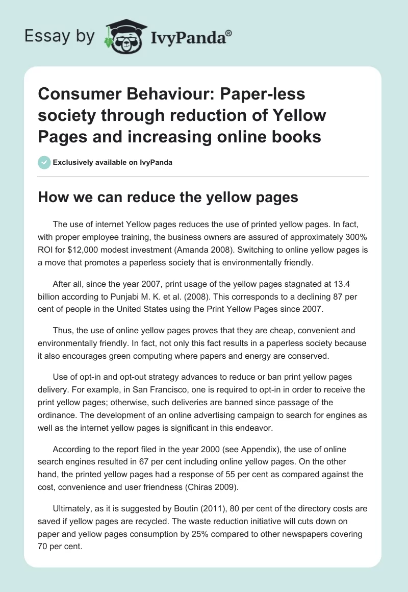 Consumer Behaviour: Paper-Less Society Through Reduction of Yellow Pages and Increasing Online Books. Page 1