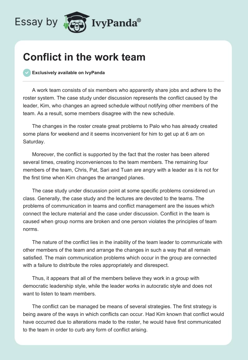 Conflict in the Work Team. Page 1
