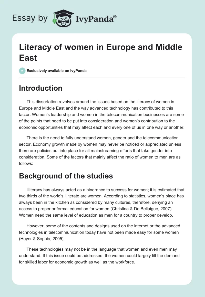 Literacy of women in Europe and Middle East. Page 1