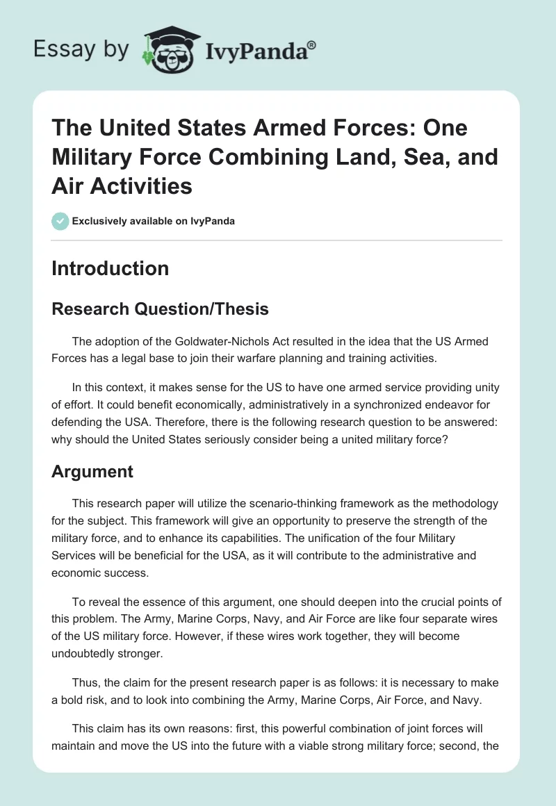 The United States Armed Forces: One Military Force Combining Land, Sea, and Air Activities. Page 1