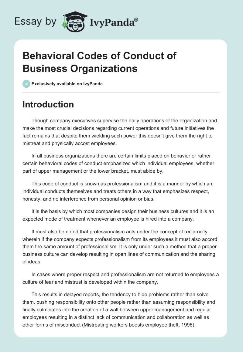 Behavioral Codes of Conduct of Business Organizations. Page 1