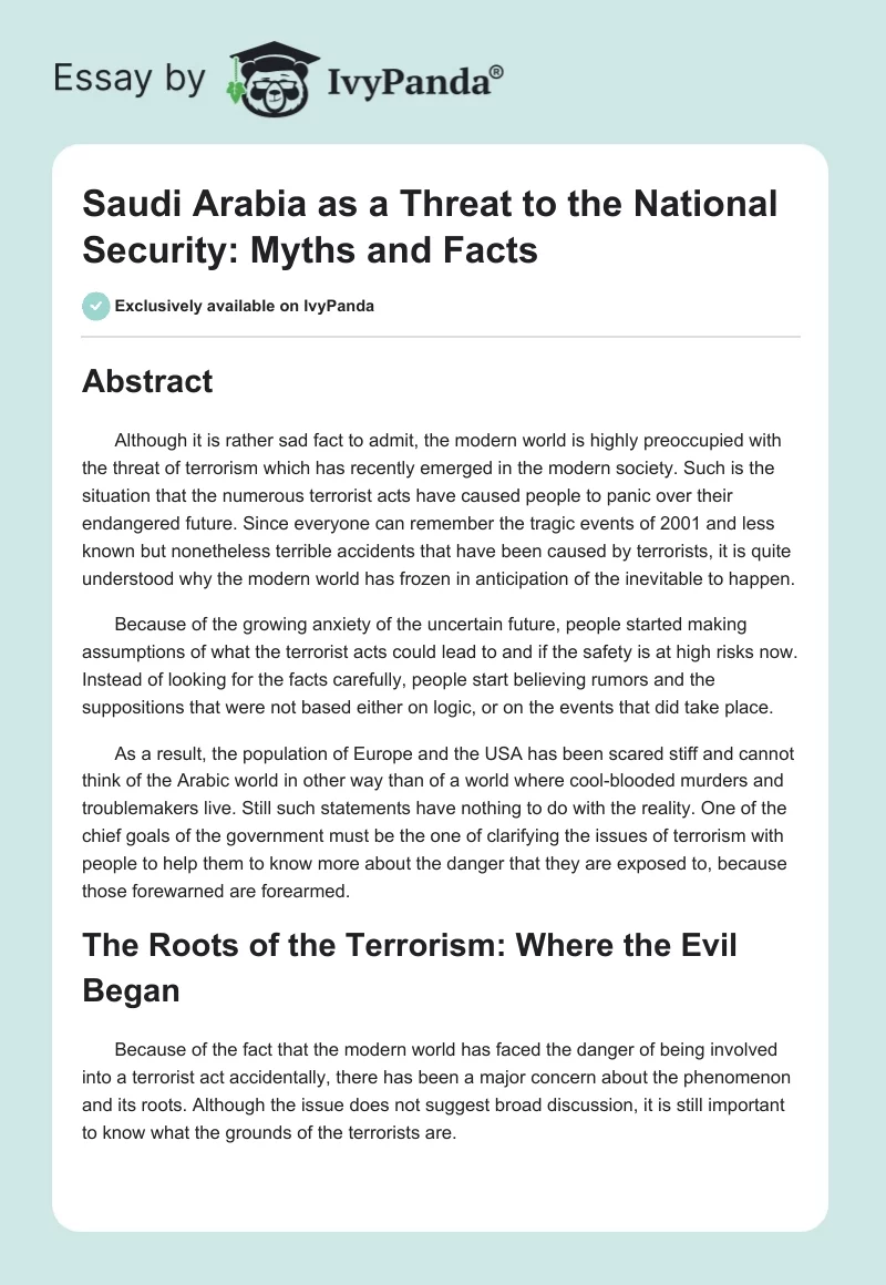 Saudi Arabia as a Threat to the National Security: Myths and Facts. Page 1