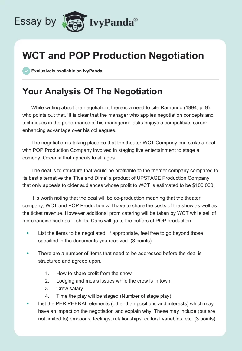 WCT and POP Production Negotiation. Page 1