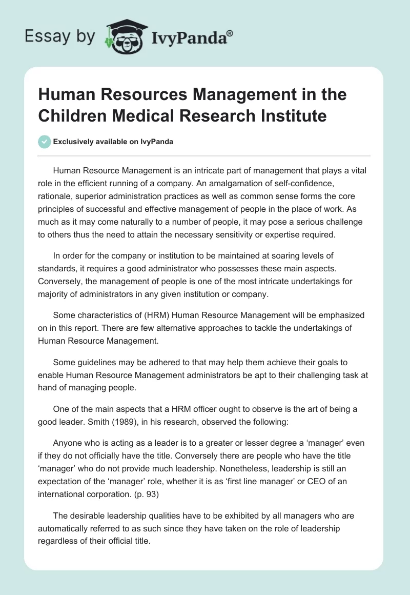 Human Resources Management in the Children Medical Research Institute. Page 1