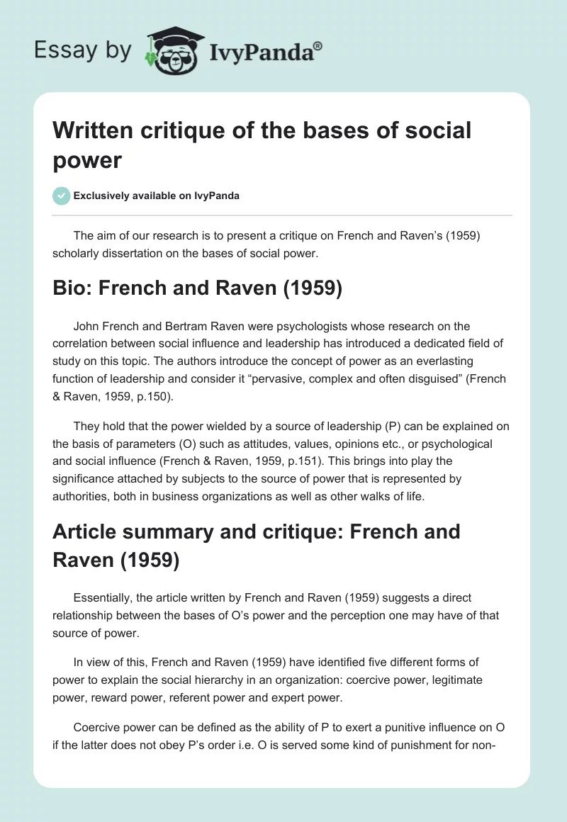 Written critique of the bases of social power. Page 1
