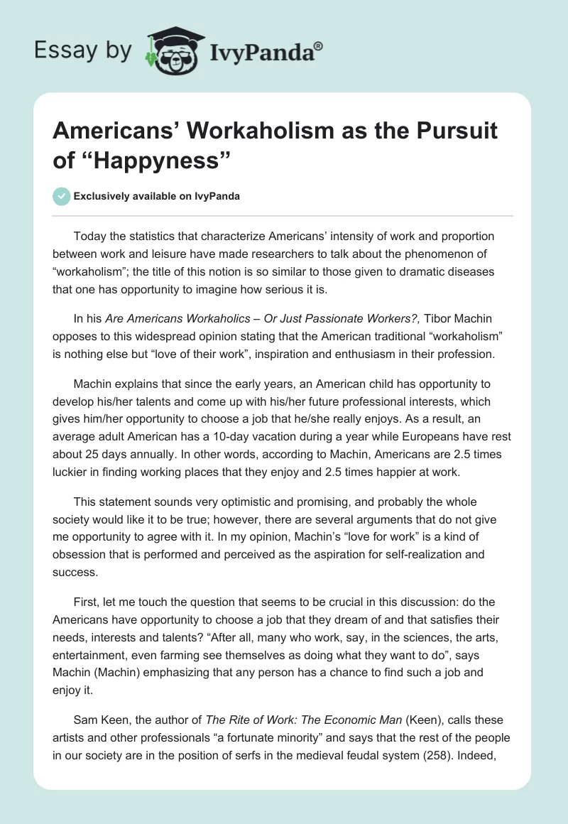 Americans’ Workaholism as the Pursuit of “Happyness”. Page 1