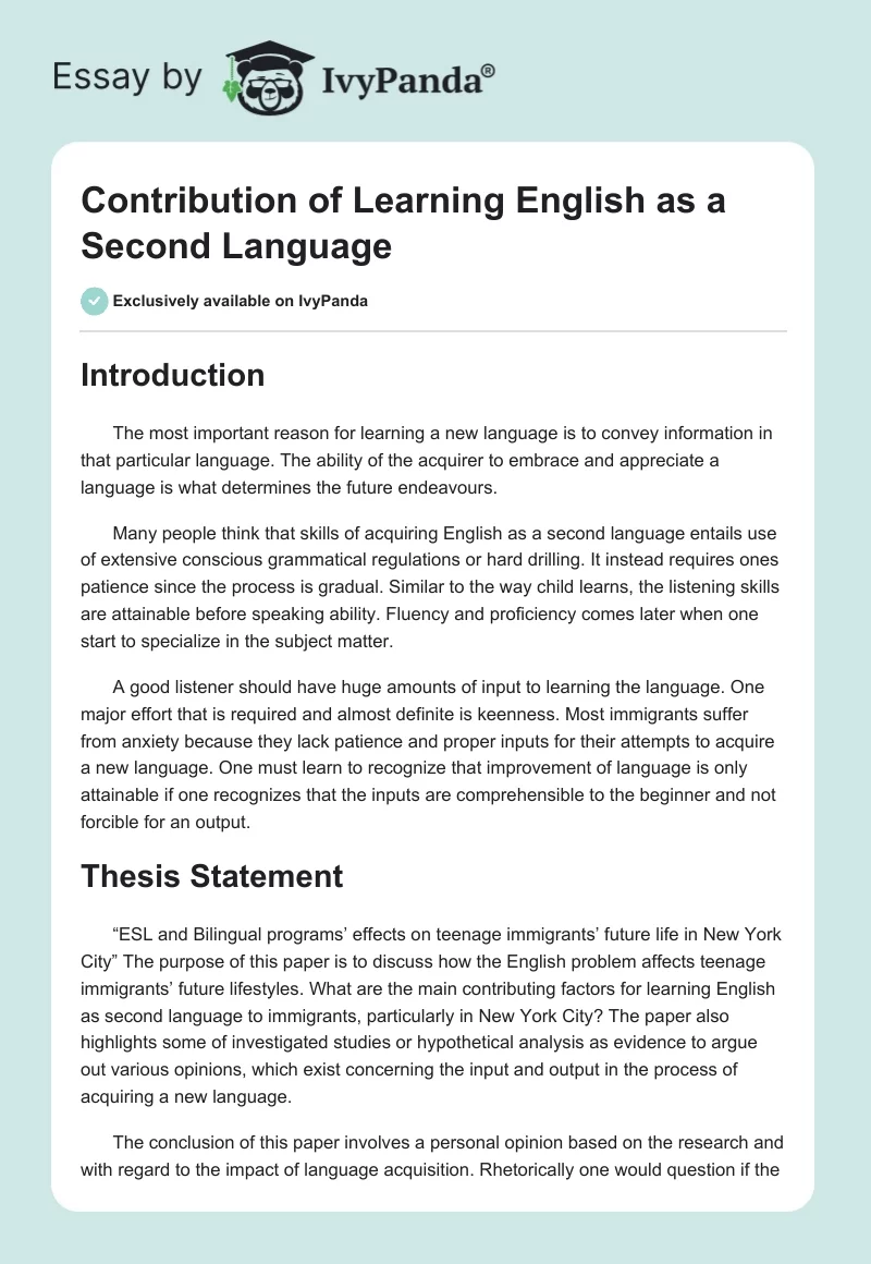 Contribution of Learning English as a Second Language. Page 1