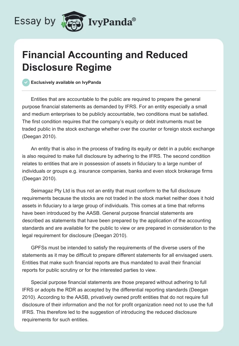 Financial Accounting and Reduced Disclosure Regime. Page 1