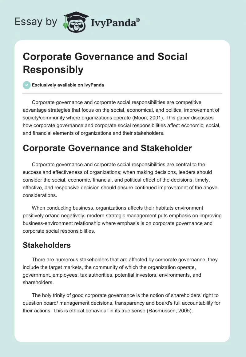 Corporate Governance and Social Responsibly. Page 1