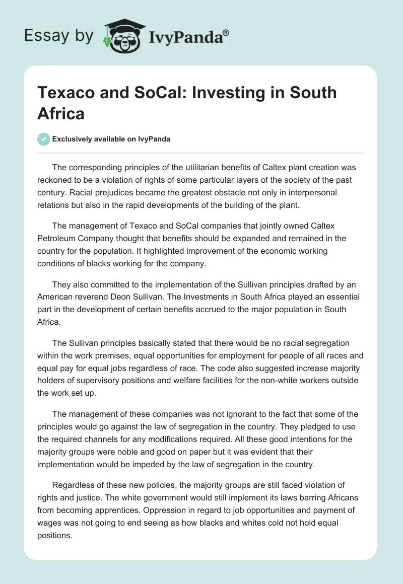 Texaco and SoCal: Investing in South Africa. Page 1
