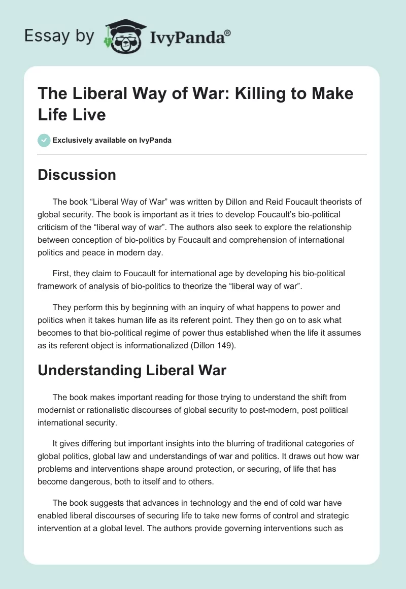 The Liberal Way of War: Killing to Make Life Live. Page 1