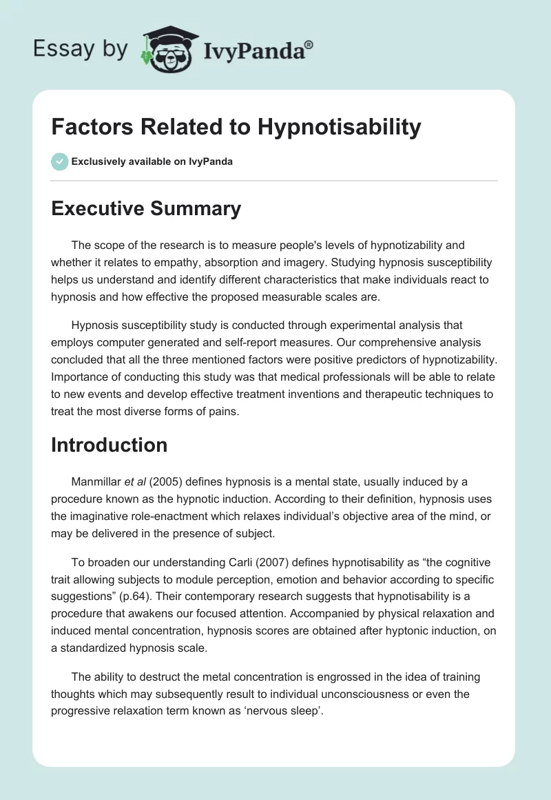 Factors Related to Hypnotisability. Page 1
