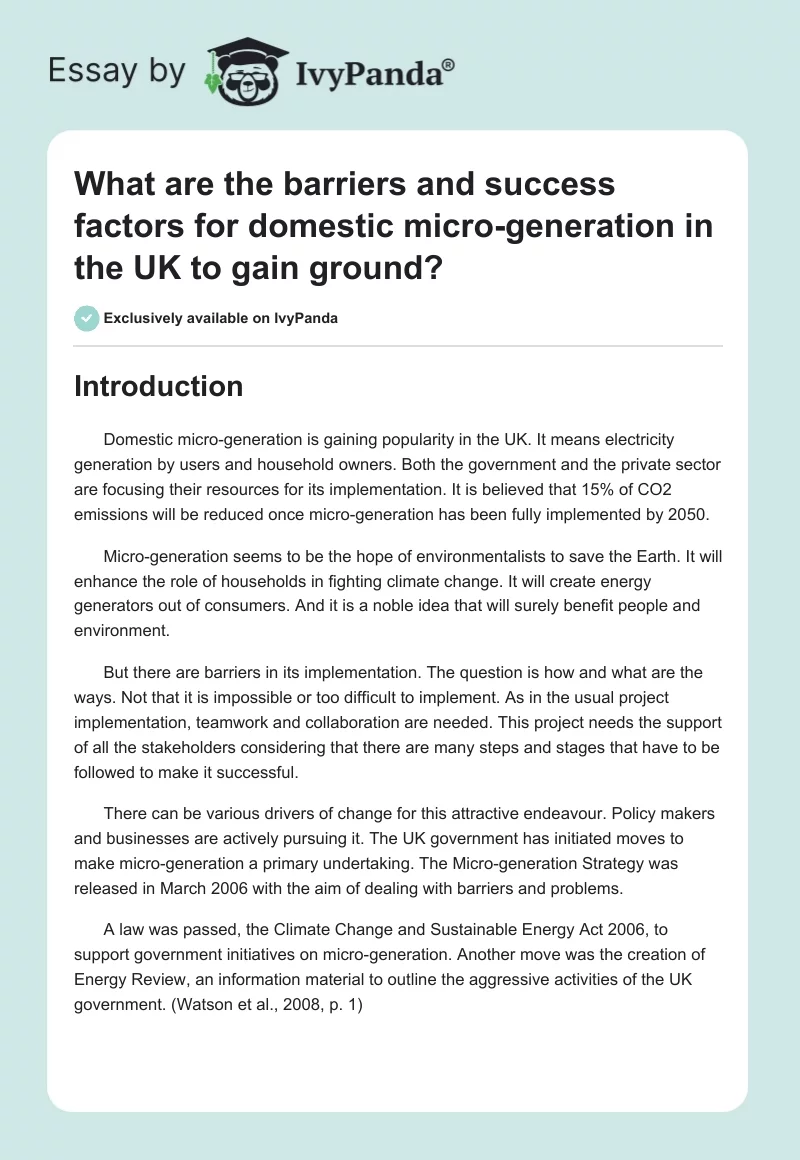 What are the barriers and success factors for domestic micro-generation in the UK to gain ground?. Page 1