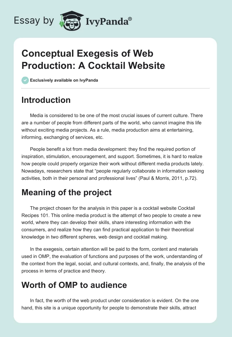 Conceptual Exegesis of Web Production: A Cocktail Website. Page 1