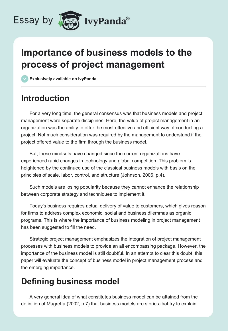 Importance of business models to the process of project management. Page 1