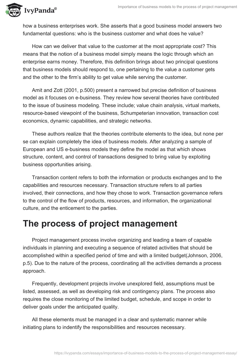 Importance of business models to the process of project management. Page 2