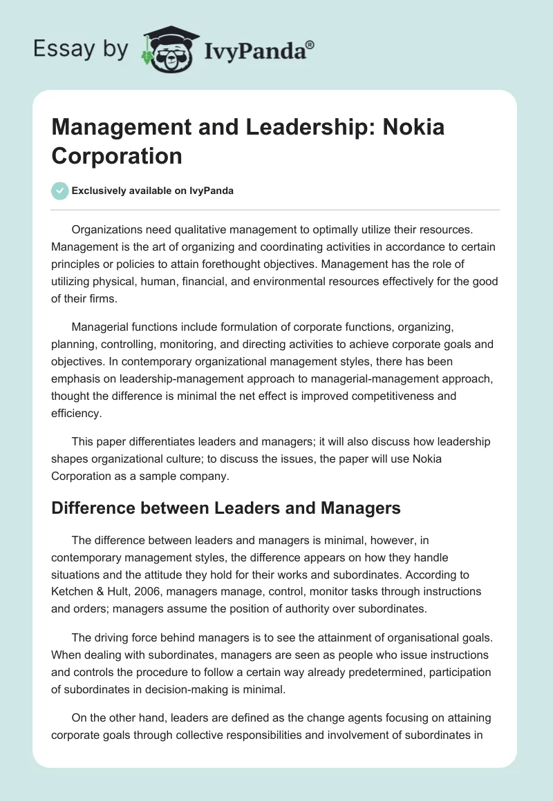 Management and Leadership: Nokia Corporation. Page 1