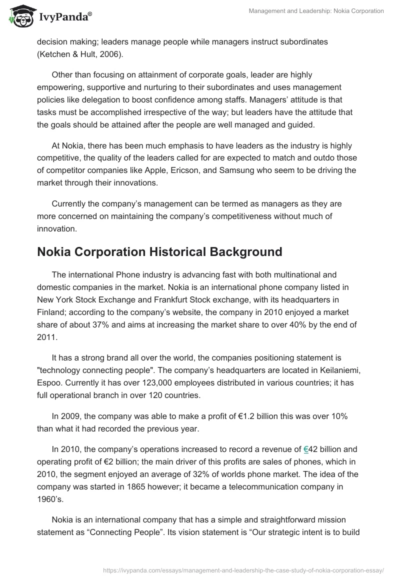 Management and Leadership: Nokia Corporation. Page 2