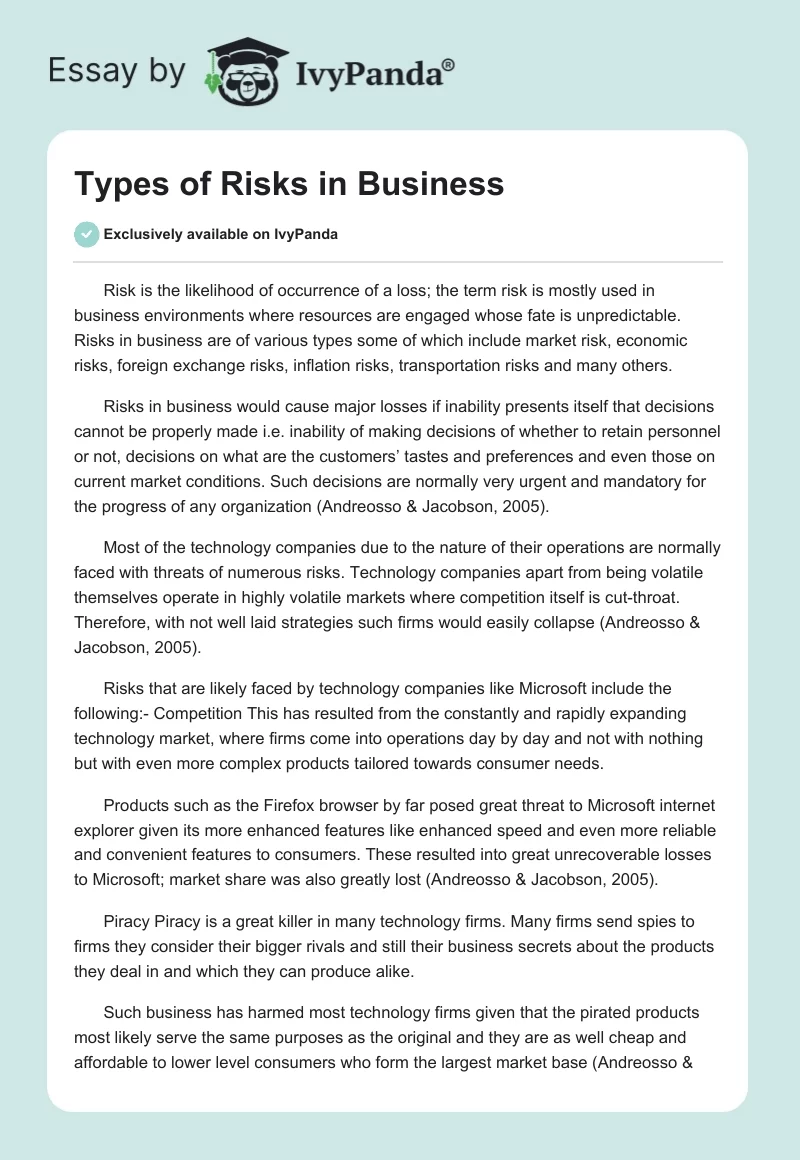 Types of Risks in Business. Page 1