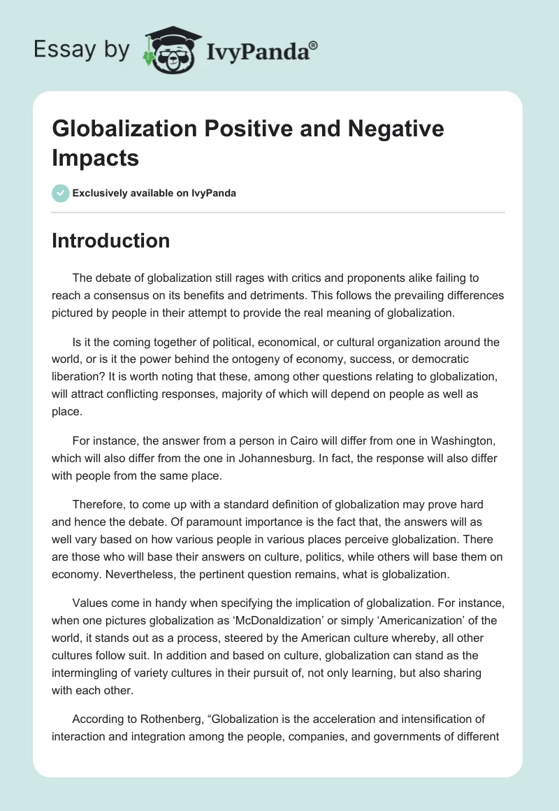 Globalization Positive and Negative Impacts. Page 1