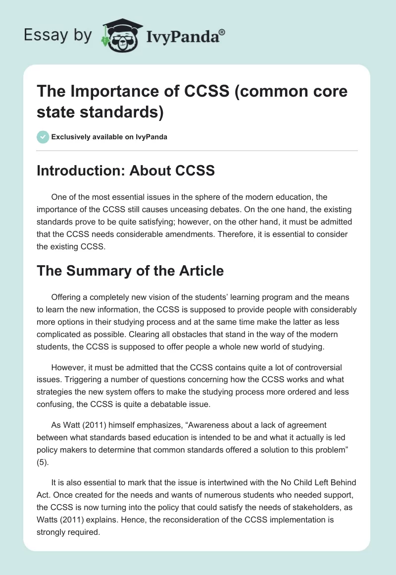 The Importance of CCSS (common core state standards). Page 1