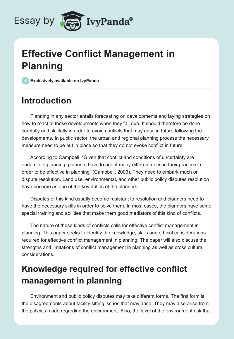 Effective Conflict Management in Planning. Page 1