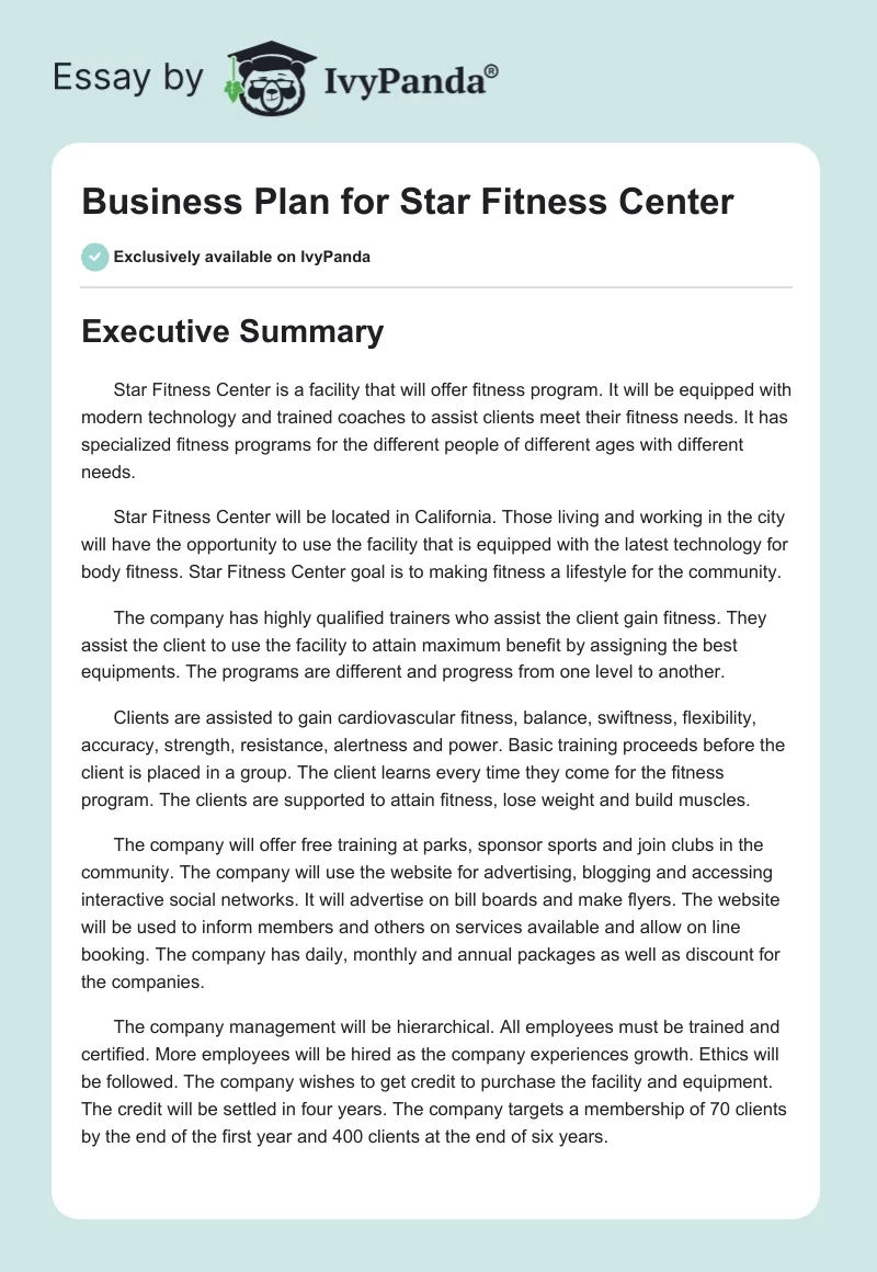 Business Plan for Star Fitness Center. Page 1