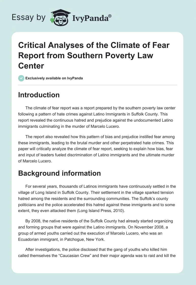 Critical Analyses of the Climate of Fear Report From Southern Poverty Law Center. Page 1