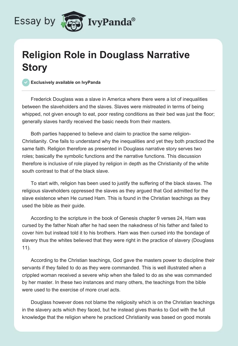 Religion Role in Douglass Narrative Story. Page 1