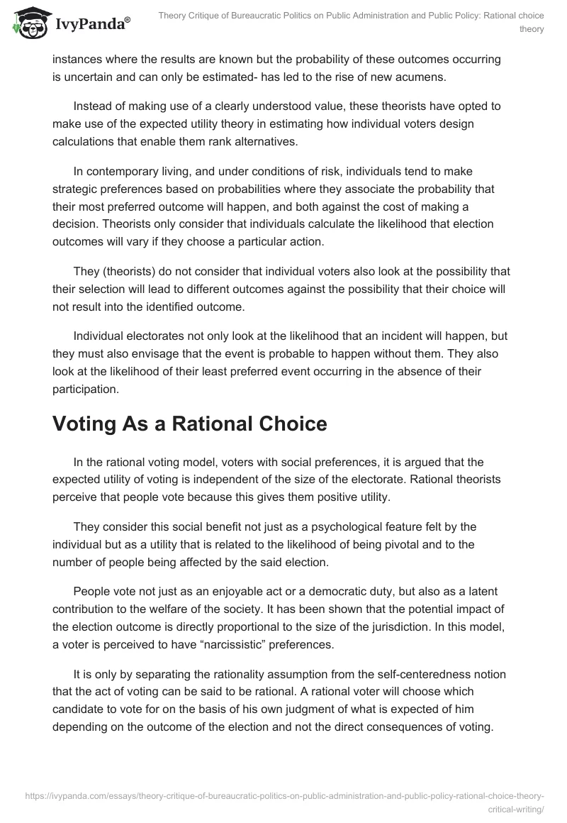 Theory Critique of Bureaucratic Politics on Public Administration and Public Policy: Rational choice theory. Page 3