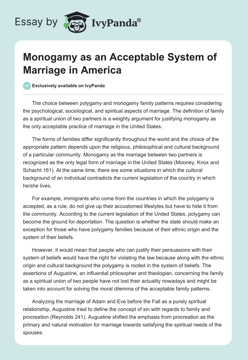 Monogamy as an Acceptable System of Marriage in America. Page 1