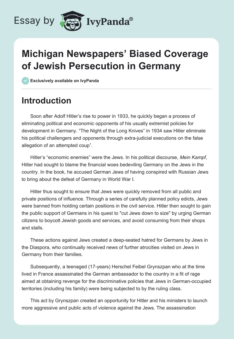 Michigan Newspapers’ Biased Coverage of Jewish Persecution in Germany. Page 1