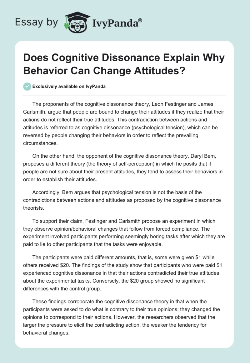 Does Cognitive Dissonance Explain Why Behavior Can Change Attitudes?. Page 1
