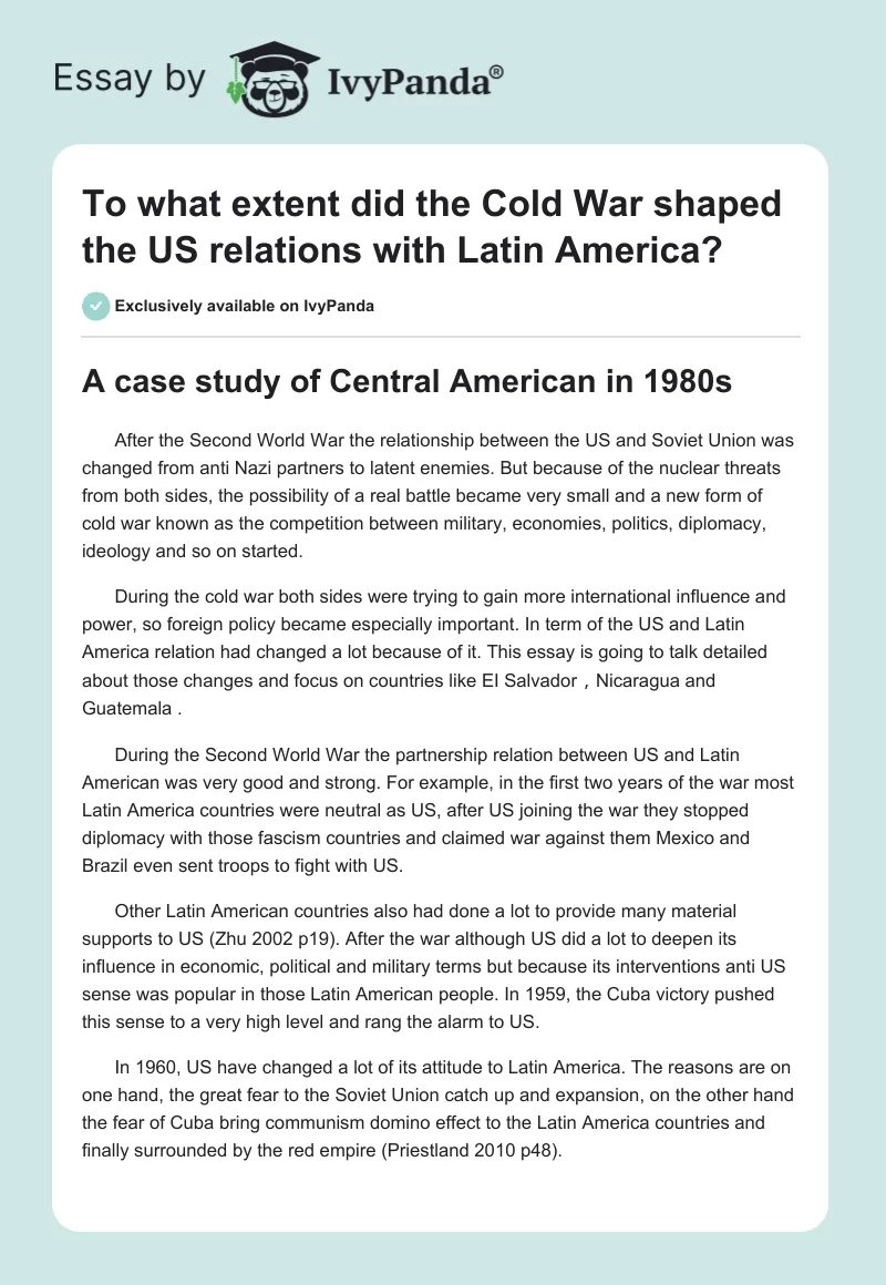 To What Extent Did the Cold War Shaped the US Relations With Latin America?. Page 1