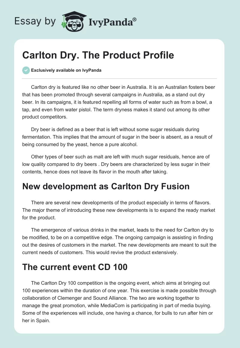 Carlton Dry. The Product Profile. Page 1