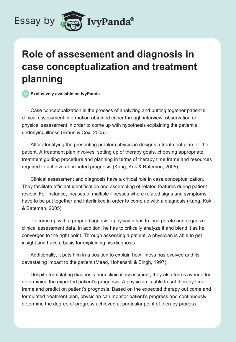 Role of assesement and diagnosis in case conceptualization and treatment planning. Page 1