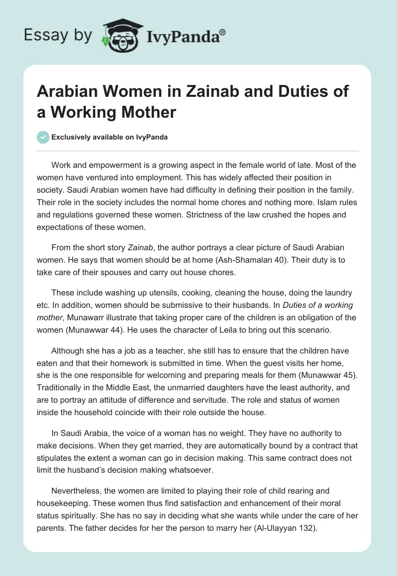 Arabian Women in "Zainab" and "Duties of a Working Mother". Page 1