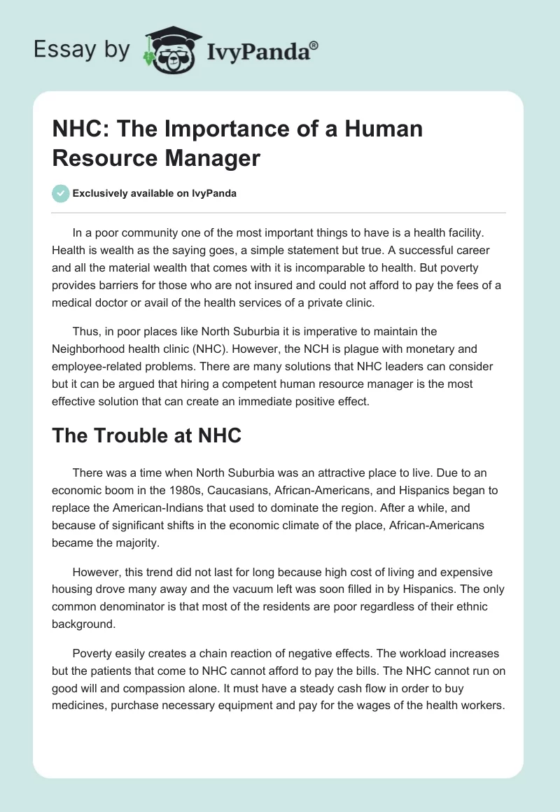 NHC: The Importance of a Human Resource Manager. Page 1