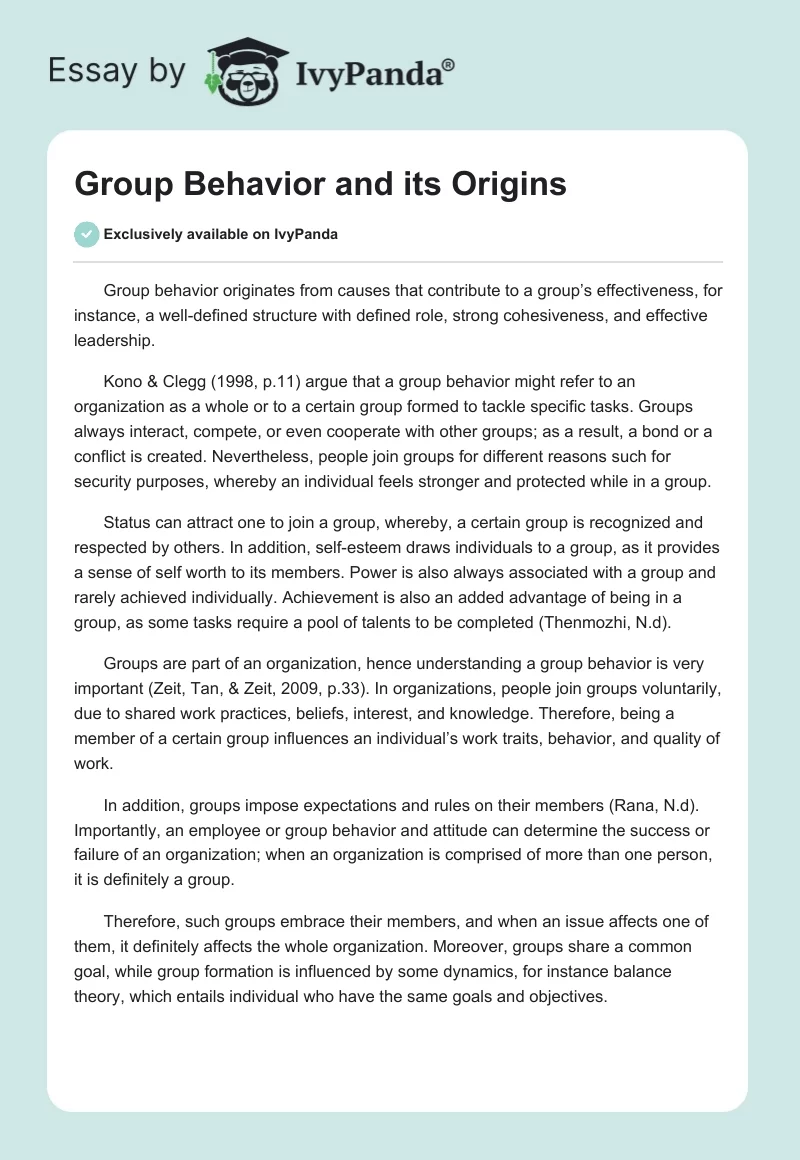 Group Behavior and its Origins. Page 1