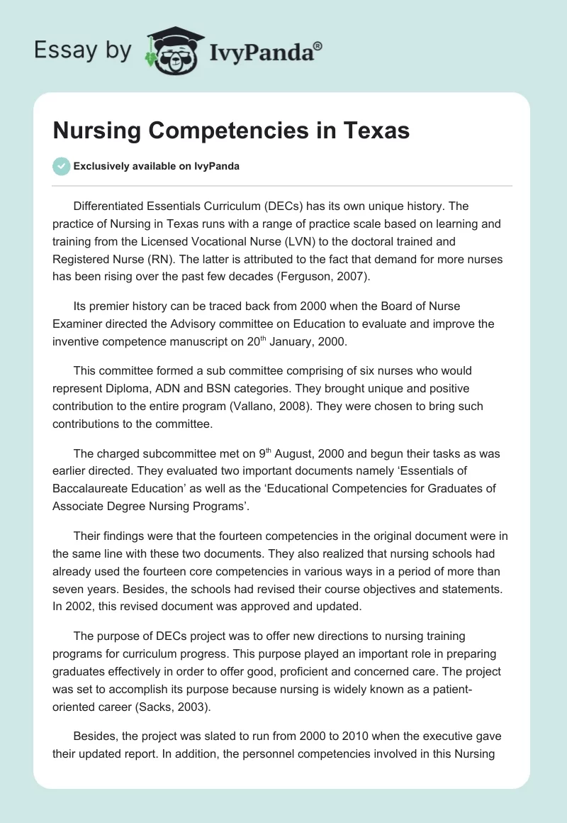 Nursing Competencies in Texas. Page 1