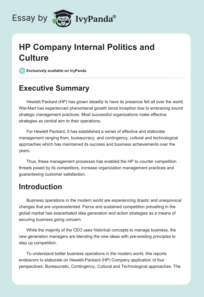 HP Company Internal Politics and Culture. Page 1